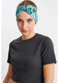 Resim Kadın Çapraz Bağlamalı Pamuklu Penye, Kaymaz, Yumuşak, Esnek, Saç Bandı Bandana - Tek Ebat / Turquaz Desen Turquaz Desen 
