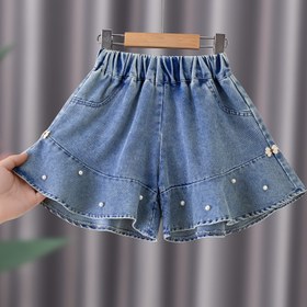 Resim Kızlar için Yazlık Esnek Kot Skort Kelebek Aplike ile - Yumuşak, Hafif ve Rahat, Plaj, Sokak Stili ve Günlük Kullanım için 