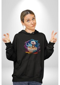 Resim Sevimli Bebek Ejderha Elmas Yumurta Kadın Erkek Siyah Kapüşonlu Sweatshirt Hoodie Siyah 