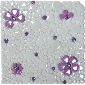 Resim Mutfak Tezgah Arası, Havuz, Banyo, Sauna, Spa, Iç ve Dış Dekorasyonda Tüm Yüzeyler Için, Beyaz, Lila, Mor Çiçek Desenli, 31,5X31,5CM. Fileli Cam Mozaik. ( 1 M2 Fiyatıdır ) 