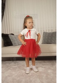 Resim Kız Çocuk Bebe Yaka Kısa Kollu Astarlı Tüllü Elbise Kısa-kırmızı Kırmızı 