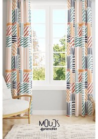 Resim Renkli Çizgili Kare Desenli Süet Oturma Odası Salon Fon Perde Ekstrafor Büzgü 2 Kanat Prd-1074 Çok Renkli 