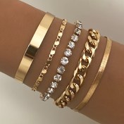 Resim 5 Adet Set Basit Hip Hop Moda Altın Bileklikler, Kristal Taşlı Alaşım, Küba Bağlantı Zinciri ve Pürüzsüz Bilezik, Unisex Parti Aksesuarı, Günlük Giyim İçin Çok Yönlü 
