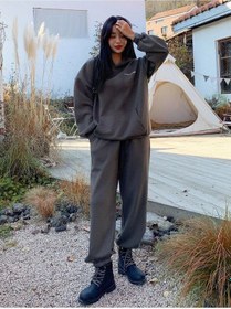 Resim Sunlight Yazılı 2li Sweatshirt Eşofman Altı Jogger- Füme Alt Üst Eşofman Takım Oversize Kapüşonlu Füme 