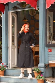 Resim Vibeys Collection Siyah İçi Çizgili Ve Kapüşonlu Su Geçirmez Kadın Trençkot 