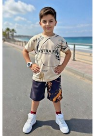 Resim Riccotarz Erkek Çocuk Üzerinde Şekiller Ve Fun Yazı Baskılı Bej Tişört Şortlu Takım Bej 