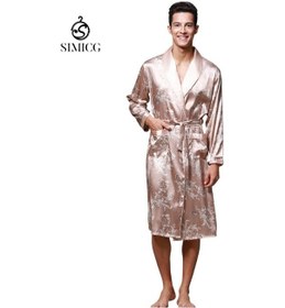 Resim İpek Buz İpek Erkek Pijamaları Uzun Kollu Bornoz Dışarıda Giyilebilir Kahverengi 