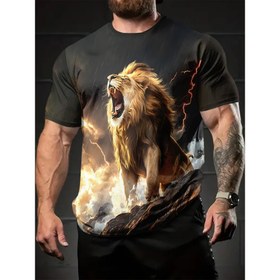 Resim Erkekler İçin 3D Kükreyen Aslan Baskılı Tişört - Nefes Alabilen Örme Kumaş, Regular Fit Yuvarlak Yaka Kısa Kollu Yazlık Spor ve Günlük Kullanım - Makinede Yıkanabilir, Cesur Grafikli Tişört, Hafif Kumaş, Dayanıklı 