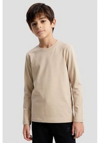 Resim Bej O Yaka Standart Fit Basic Uzun Kollu Unisex Çocuk T-shirt - 11329 Bej 