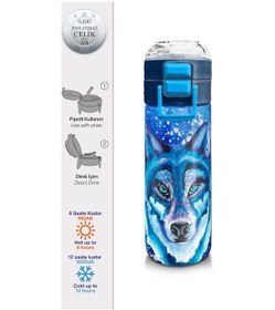 Resim Coral High Kids Lacivert Mavi Kurt Desenli Pipetli Ve Direkt İçim Çelik Termos 500 Ml 31945 Lacivert 