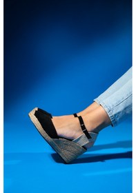 Resim Luvishoes Sinta Siyah Süet Deri Kadın Dolgu Topuk Sandalet Siyah 