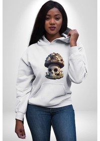 Resim Kurukafa Mantar Ev Kadın Erkek Beyaz Kapüşonlu Sweatshirt Hoodie Beyaz 