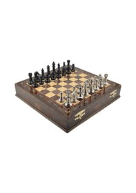 Resim Gifthome Premium Black Metal Klasik Satranç Takımı Ve El İmali Masif Ahşap Sandıklı Ceviz Tahtası 38x38x6 Cm. 