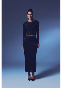 Resim Sateen Simli Midi Etek - Siyah-135382 Siyah 