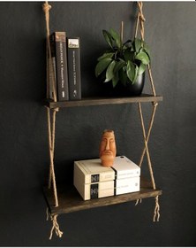 Resim O&Awood Halatlı Doğal Ahşap Dekoratif Duvar Rafı, 2 Katlı Ahşap Çiçeklik, (497953120) 