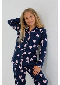 Resim Kız Çocuk Uzun Kollu %100 Pamuklu Düğmeli Pijama Takımı Heartie Indigo 