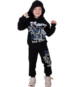 Resim 3 İp Şardonlu Kapüşonlu Dinozor Desen Sweatshirt Eşofman Alt Üst Takım Siyah Renk Siyah 