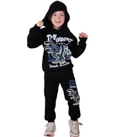 Resim 3 İp Şardonlu Kapüşonlu Dinozor Desen Sweatshirt Eşofman Alt Üst Takım Siyah Renk Siyah 