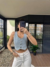Resim Maison Meda Mavi Denim Crop Yelek Işıltılı Dokunuşlarla Sezonun En Göz Alıcı Parçası Mavi 