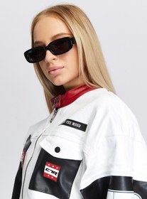 Resim Black Level Kadın Oversize Kot Ceket Kolları Deri Garnili Fermuarlı Motorcu Montu Baskılı Yarışçı Kolej Ceket 