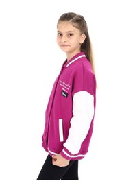 Resim Toontoy Kız Çocuk Kolej Yaka Çıtçıt Kapama Cepli Düşük Omuz Nakış Baskılı Renk Bloklu Örme Hırka - 2 İplik Şardonlu Mürdüm 