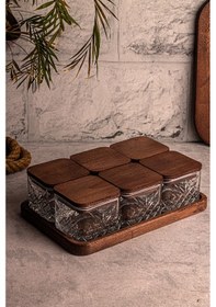 Resim Snippy Milla Kare 6'lı Vakumlu Kapaklı Tepsili Cam Kahvaltılık Ahşap - Şeffaf 