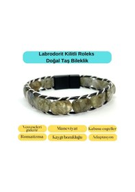 Resim Sertifikalı Labrodorit Kilit Kapama Roleks Doğal Taş Deri Bileklik Gri 