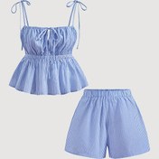 Resim Kadın Mavi ve Beyaz Çizgili Kolsuz Üst ve Şort Takımı - Ruffle Detaylı Rahat Yazlık Kıyafet, Polyester Kumaş, Bahar/Yaz İçin Mükemmel, Rahat Kıyafet|Çizgili Desen|Polyester Kumaş 