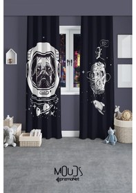 Resim Uzaylı Pug Desenli Fon Perde Genç Odası Oturma Odası Süet Baskılı Ekstrafor Büzgü 2 Kanat Prd-2020 Çok Renkli 