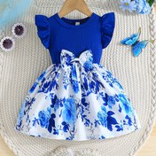 Resim 1pc Çiçek Desenli Ruffles Kollu Elbise] İlkbahar/Yaz Çiçek Desenli Ruffles Kollu Elbise Kızlar için, Casual Crew Boyun, Polyester Knit Kumaş ile Az Esnek, Normal Uygun, Şerit Detayı ile, 12 Yaş ve Altı için 