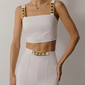 Resim Kadınların Zarif Siyah İki Parça Giyim Seti - Crop Top Altın Zincir Askılı ve Yüksek Bel Pantolon, Şehir Stili, Tüm Mevsim Konforu, Giyim|Zincir Detaylı Üst|Rahat Uygunluk 