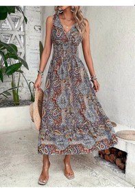 Resim Defymoda Kadın Beli Gipeli Etnik Desen Sıfır Kol Süprem Elbise Kahve 