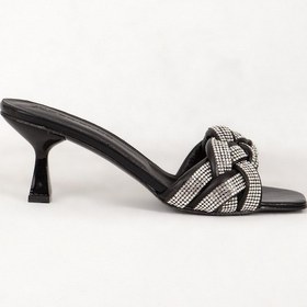 Resim Dericlub 7583 Gerçek Deri Kadın Taşlı Topuklu Terlik Siyah 