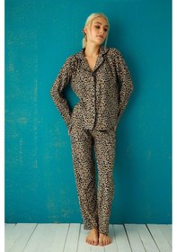 Resim Nisanca Kışlık Düğmeli Ekose Desen Yılbaşı Temalı Kadın Süet Pijama Takımı Leopar 