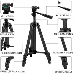 Resim Zamass 3120A Tripod Kamera Telefon Tutucu Ayarlanabilir Terazili 3 Ayaklı Tripod 