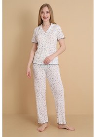 Resim Wordex Mirano 1714 Çiçekli Pointel İnce Kumaş Düğmeli Kısa Kollu Kadın Pijama Takımı Ekru 