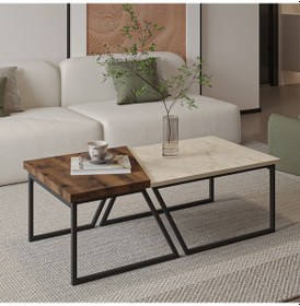 Resim Verona İkili Orta Sehpa Modern Tasarım Metal Ayaklı Sehpa Seti Traverten/antik Ceviz 