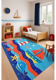 Resim Deniz Ve Sandal Çocuk Odası Halısı Mavi 
