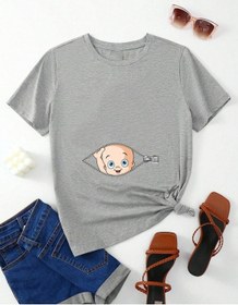 Resim Hamile Gebe T-shirt Bebek Fermuar Baskılı - Gri Bisiklet Yaka Oversize Tişört 