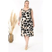 Resim Kadın Siyah Bej Benek Desenli Askılı Büyük Beden Elbise Siyah - Sarı 