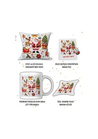 Resim Yılbaşı Hediye Seti Noel Baba Nakış Efektli Baskılı Kupa Yastık İsimli Mause Ped Bardak Altlığı Hediye Seti 