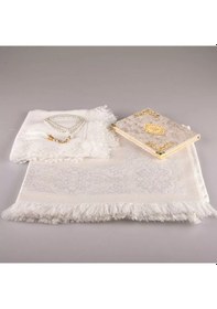 Resim Şal + Seccade + Tesbih + Yasin Hediye Seti Çanta Boy, Şems Lafzatullah, Raşel Cilt, Krem 