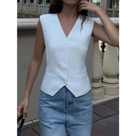 Resim Modaurul Kadın Sıfır Kollu Önden Düğmeli Atlas Yelek 