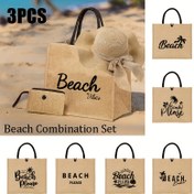 Resim 3 adet Kadın Plaj Tote Seti, Eşleştirilmiş Şapka ve Kozmetik Çantası ile - "Plaj Vibes" Baskı, Polyester, Açık Gri ve Siyah, Dış Mekan Düğünleri, Tatiller ve Hediyeler için Mükemmel, Tatil Aksesuarları | Şık Tote Seti | Hafif Çanta 