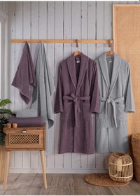 Resim Newhome Alfa 6 Parça Kutulu %100 Pamuk Lüx Aile Bornoz Seti Mürdüm-gri Karışık 