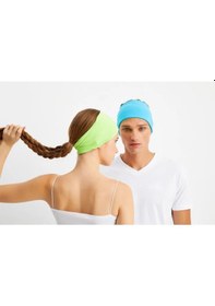 Resim 2'li Çift Taraflı Kullanım Alternatifli Pamuklu Penye, Kaymaz, Hafif, Spor Saç Bandı Bandana - Tek Ebat / Yeşil-aqua Yeşil-aqua 