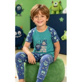 Resim NiCe İç Giyim Sevimli Canavar Baskılı Yeşil & Lacivert Renk Bisiklet Yaka Manşetli Paça Pamuk Penye Erkek Çocuk Pijama Takım 