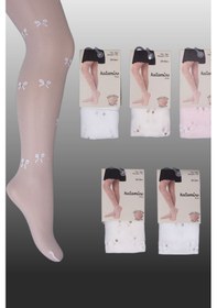 Resim 1'li Kız Çocuk İnce Kurdele Desenli Külotlu Çorap Krem-1468 Krem 