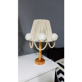 Resim Ekru Makrome Abajur Masa Lambası Çocuk Odası Abajur Bebek Odası Abajur Ponpon Boncuk 