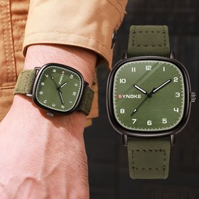 Resim SYNCNOKE Vintage Zeytin Yeşili Erkek Kuvars Saati - Basit Spor Tasarımı Kare Alaşım Kasa, Siyah Çerçeve, Suni Deri Kayış, Pille Çalışır (36V & Altı) 